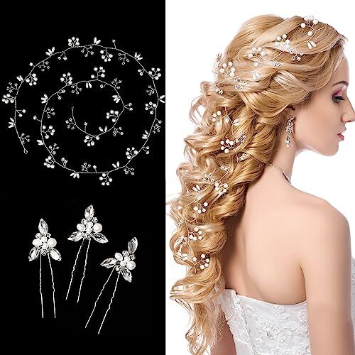 Hifot HIOFT 100cm Accessori Capelli Sposa, Fasce Coroncina di Fiori Sposa Strass Capelli Argento, Acconciature Fermaglio Capelli Cerchietto Sposa, Attacca Macchinetta Brillantini per Capelli