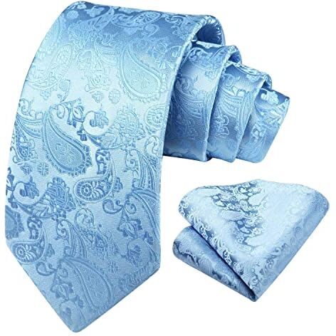 HISDERN Cravatta Uomo e Fazzoletto Elegante Cravatta Blu Paisley Set Cravatte Seta con Pochette Azzurro per Matrimonio Festa Lavoro