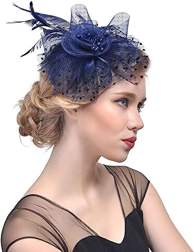 QUNINE Fascinators in rete per le donne Cappello da tè per feste Cappelli Fiore Maglia di piume Fascia per capelli Festa nuziale Fascia per fiori di piume bianche (Colore : Khaki, Taglia : One Size) (Navy