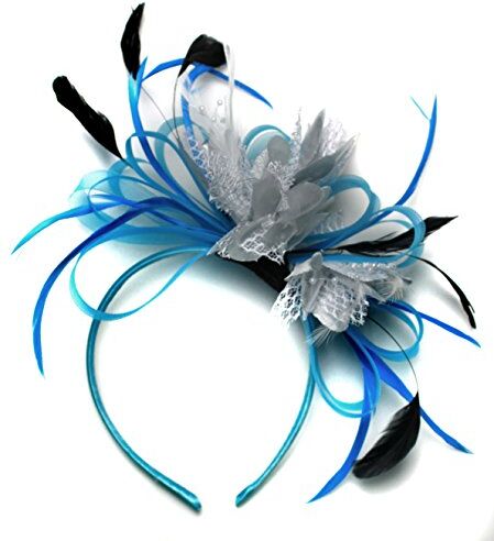 Caprilite Fashion Cerchietto per capelli con piume, colore blu fiordaliso e argento, per matrimoni e corse Royal Ascot