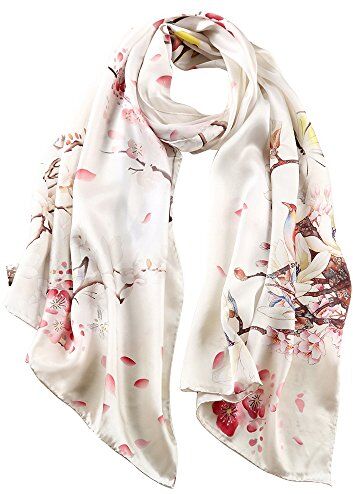 STORY OF SHANGHAI Sciarpa di 100% Seta Charmeuse da Donna Foulard a Raso con Fantasie Orientale, Fiori di Pesche 2