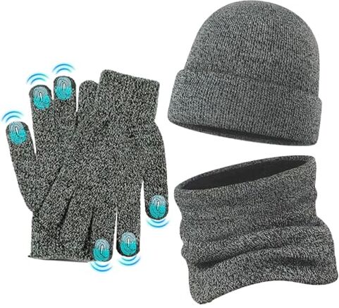 OLCANA Set di guanti, sciarpe e cappelli Cappello e Guanti da Uomo Berretto invernale lavorato a maglia, scaldacollo, sciarpa e guanti touch screen, set da 3 pezzi, cappello con teschio foderato