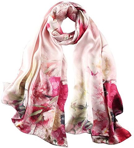 STORY OF SHANGHAI Sciarpa di 100% Seta Charmeuse da Donna Foulard a Raso con Fantasie Orientale, Fiori Rose