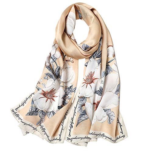 STORY OF SHANGHAI Sciarpa di 100% Seta Charmeuse da Donna Foulard a Raso con Fantasie Orientale, Fiori su Beige