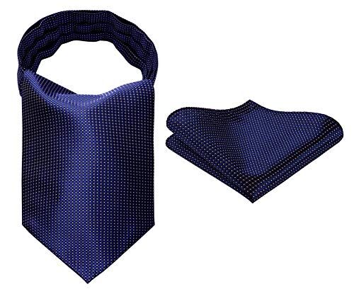 HISDERN Ascot blu navy bianco Uomo a Pois Fazzoletto Stripe Cravatta da Matrimonio Elegante Foulard Business Partito Classico Ascots Set