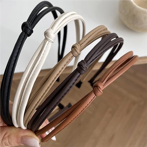 ELicna 5 Pcs Thin Leather Headbands for Women, Cute Knotted Head Bands for Women’s Hair Fashion Kont Headband Black Brown White Headbands for Girls Womens Hair Accessories