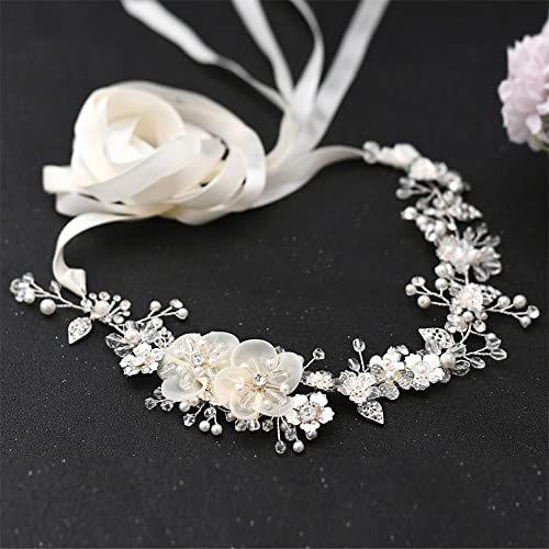 Youllyuu Cintura nuziale in argento strass cintura per abito da sposa fiore perla cintura nuziale bianco