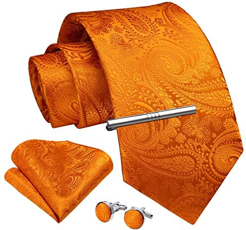 Enlision Cravatta Orange Uomo Cravatta Seta Cravatta Fazzoletto Set Cravatte e Fermacravatta