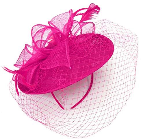 Caprilite Piattino Sinamay Fascia Fascinator Wedding Ascot Cappello Hatinator Birdcage Velo Fucsia Hot Pink Etichettalia unica