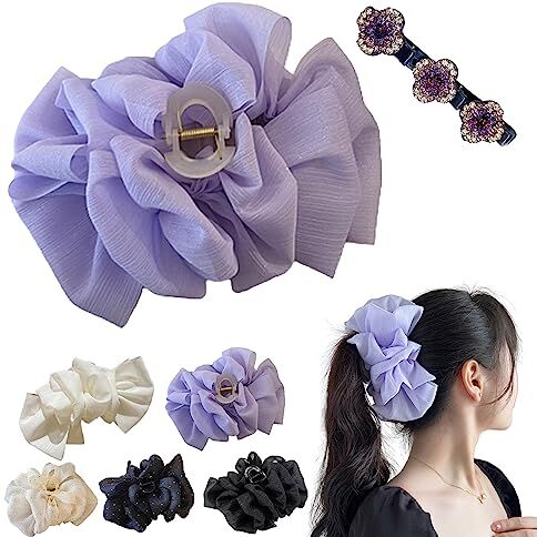 Donubiiu Bow Bubble Clips, Chiffon Silk Hair Clips, Large Chiffon Claw Clip Hair Bow, Plastic Hair Claw Clips Fabric Floral Bows, Claw Clip for Thick Long Hair (Purple)