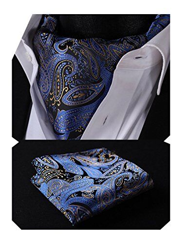 HISDERN Ascot blu giallo Uomo Paisley Fazzoletto Floreale Cravatta da Matrimonio Elegante Foulard Business Partito Classico Cravatte Set