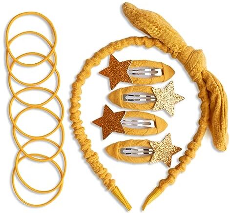 PaPIerDraCHeN Speciale set di accessori per capelli con cerchietto, fermagli per capelli, elastici per capelli combinati con tessuto di mussola di alta qualità, giallo senape, per ragazze e donne