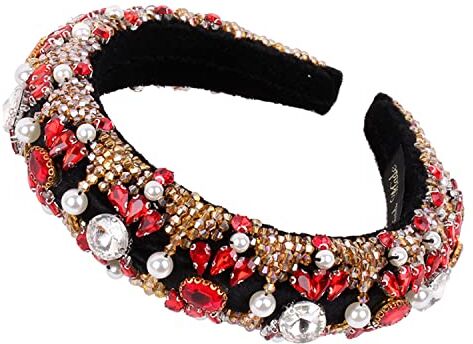 Antique Perline di cristallo pesanti Hairband spugna di velluto oro Capelli Cerchio rosso strass Accessori per capelli