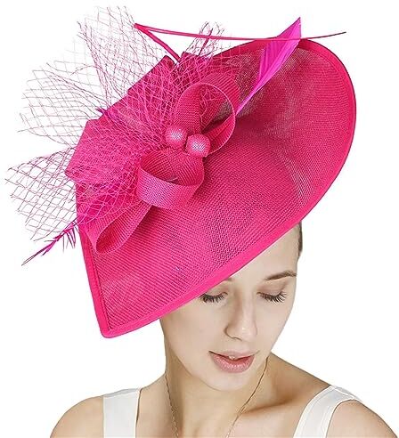 GIBZ Fascinator per Capelli Tesa Larga da Donna Elegante Fascia Tea Party Cappello con Copricapo da Sposa in Piuma a Rete, Roseo