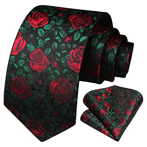 HISDERN Cravatte Nero Uomo Eleganti Cravatta Floral e Fazzoletto Matrimonio Business Set Cravatta Sposo Festa