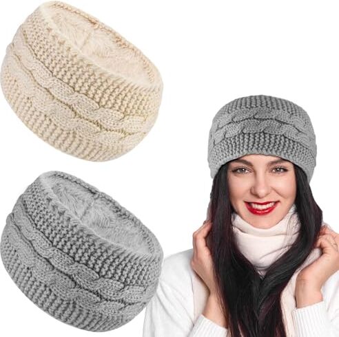 Abeillo 2 fasce invernali da donna, foderate in pile, scalda-orecchie, lavorato a maglia (grigio e crema)