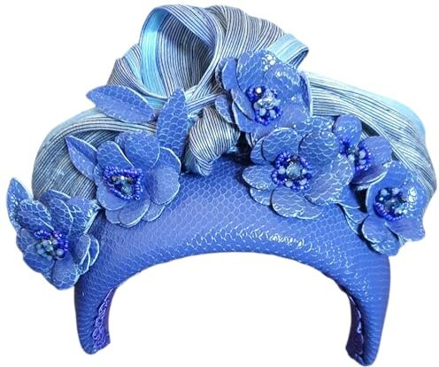 Tocados Creaciones Koenders Cerchietto in pelle naturale viola e blu fatto a mano con fiori e seta abaca- bella fascia per capelli, diadema unico festivo