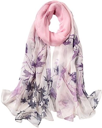 STORY OF SHANGHAI Sciarpa di 100% Seta da Donna Foulard Chiffon con Fantasie Orientale Semi-Trasparente, Foglie con Sfumatura Rosa-Viola