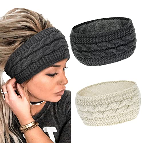 AKTVSHOW 2 fasce per capelli invernali da donna, lavorate a maglia, spesse, ideali per lo sci, per la testa, per donne e ragazze, per lavori all'uncinetto, elasticizzate (grigio scuro + beige)