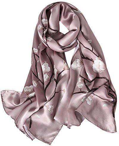 STORY OF SHANGHAI Sciarpa di 100% Seta Charmeuse da Donna Foulard a Raso con Fantasie Orientale, Fiori di Pruno