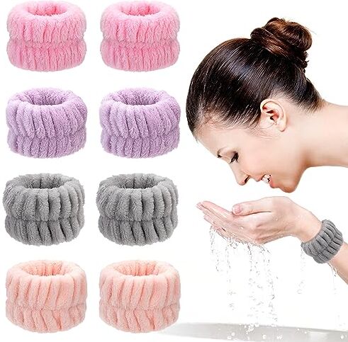 HOLEMZ Fascia Lavaggio Viso 8 Pezzi Fascia Elastica Braccialetti Traspirante Microfibra Assorbire Dell'acqua 4 Colori per Spa Trucco Da Donna Ragazze Cura Della Pelle Yoga