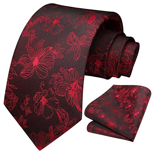 HISDERN Cravatte Nero & rosso Uomo Eleganti Cravatta Floral e Fazzoletto Matrimonio Business Set Cravatta Sposo Festa