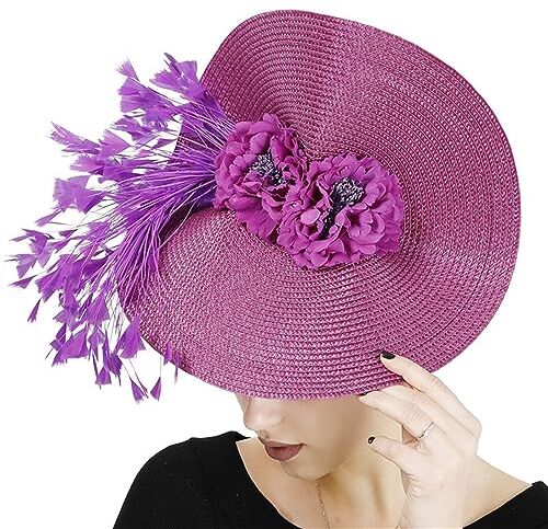 GIBZ Fascinator per Capelli di Paglia a Tesa Larga Floreale Fascia per Tea Party Cappello Copricapo con Piuma per Donna, Viola Scuro