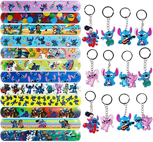 Yisscen Bomboniere per Feste Lilo St-itch, 12Pcs Braccialetto a Schiaffo +12Pcs Portachiavi, per Feste per Bambini, Regalo di Compleanno Party