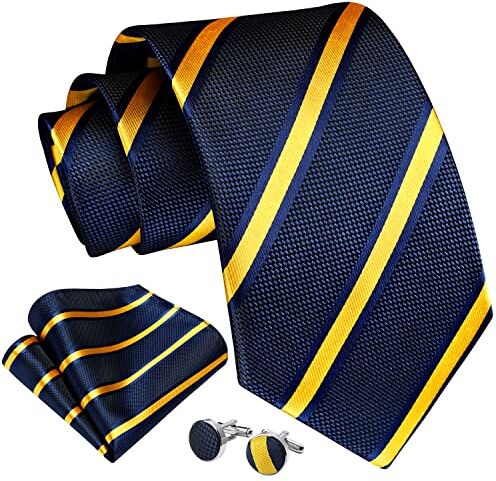 Enlision Cravatte A Righe Da Uomo Formale Cravatta Fazzoletto Gemelli Set Classica Cravatta Di Seta Per Affari Blu Navy/Giallo