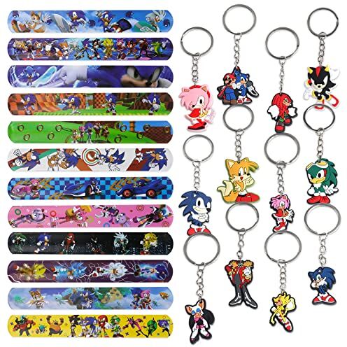 Yisscen Sonic Set Regalo di Compleanno per Bambini, 12 Sonic Braccialetti Slap Bands, 12 Portachiavi, Sonic Party Favours,Accessori per Feste di Compleanno,Braccialetto a Scatto per Bambini Regali di Partito