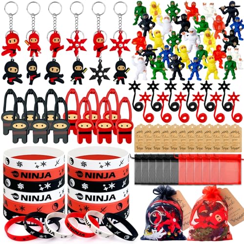 Moltby 96Pcs Gadget Ninja Compleanno Bambini Kit Ninja Portachiavi Braccialetto Silicone Elasticità Catapulta Viscosità Giocattolo Guerriero per Ninja Festa Compleanno