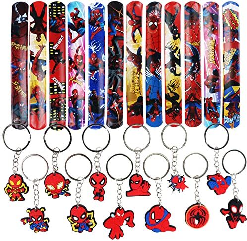 Yisscen Spider-Man Set di 12 Braccialetti Slap Bands, 12 Portachiavi, Supereroi Party Favours, Accessori per Feste di Compleanno, per Bambini Regali di Partito