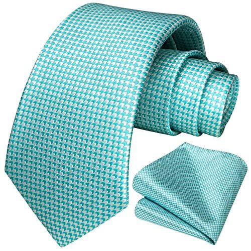 HISDERN Cravatta Menta Verde-Bianco Uomo e Fazzoletto Elegante Cravatte Plaid da Matrimonio Cravatte Coordinati Motivo Pied de poule Business Partito