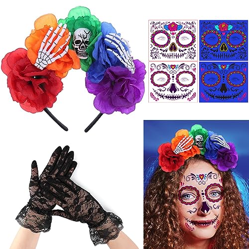 SANLIUSANJIU 4pezzi Halloween Cerchietti, Giorno dei Morti Rose Cerchietto, Fascia Rose di Cranio Halloween, Donna Nero Vintage Pizzo Guanti, Tatuaggi Viso Halloween