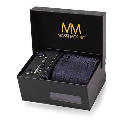 Massi Morino Cravatta con Fazzoletto da Taschino Set Uomo incl. Gemelli, Fermacravatta e Confezione Regalo Set Cravatta Uomo per Matrimonio Massi Morino Cravatta con Fazzoletto da Taschino Set Uomo incl. Gemelli, Fermacravatta e Confezione Regalo Set Cravatta Uomo per Matrimonio