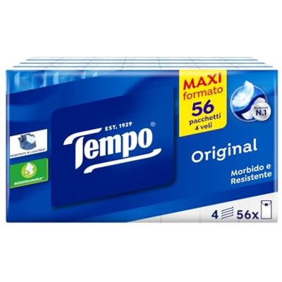 Tempo Pacchetti di Fazzoletti di Carta Tascabili Classic, 56 Pacchetti da 9 Fazzolettini Monouso, 4 Veli, Resistente in Lavatrice Tempo Pacchetti di Fazzoletti di Carta Tascabili Classic, 56 Pacchetti da 9 Fazzolettini Monouso, 4 Veli, Resistente in Lavatrice