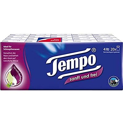 Tempo Fazzoletti delicati, 20 x 9 fazzoletti di carta a 4 strati, lavabili in lavatrice, 0,74 g, 830312, chiari, 20 pezzi (1 confezione) Tempo Fazzoletti delicati, 20 x 9 fazzoletti di carta a 4 strati, lavabili in lavatrice, 0,74 g, 830312, chiari, 20 pezzi (1 confezione)