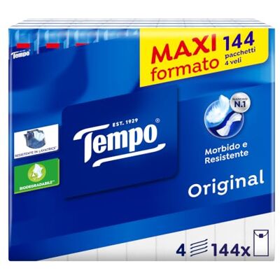 Tempo Fazzoletti Tascabili, 4 Veli, 144 Pacchetti 144 Pacchetti da 9 Fazzoletti, 4 Veli, Formato Scorta, Confezioni Individuali Tempo Fazzoletti Tascabili, 4 Veli, 144 Pacchetti 144 Pacchetti da 9 Fazzoletti, 4 Veli, Formato Scorta, Confezioni Individuali