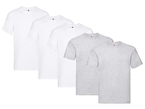 Fruit of the Loom T-shirt originale da uomo, confezione da 5, 3 bianco 2 grigio + 1 blocco note, XXL