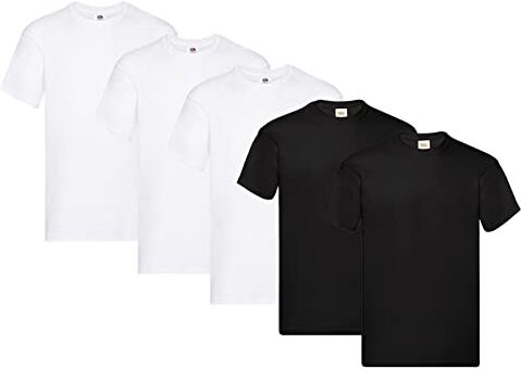 Fruit of the Loom T-shirt originale da uomo, confezione da 5, 3 bianco 2 nero + 1 blocco note, XXL