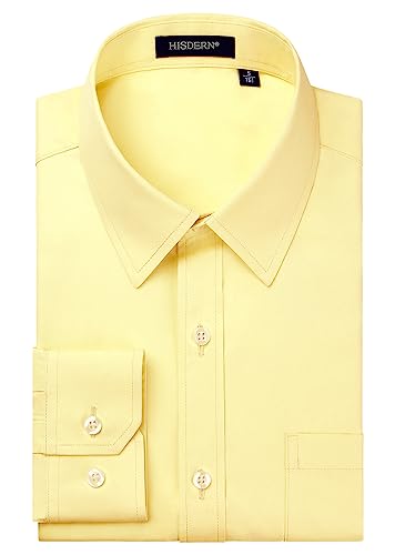 HISDERN Camicia Uomo Maniche Lunghe Camicie Casual Tinta Unita Shirt Regolare Camicia Giallo Chiaro XL