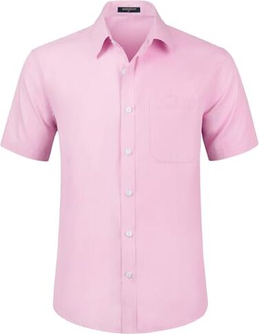 HISDERN Camicia Rosa a Maniche Corte da Uomo Abito vestibilità Regolare Camicia da Uomo Camicia Estiva Solida con Tasca sul Petto,2XL