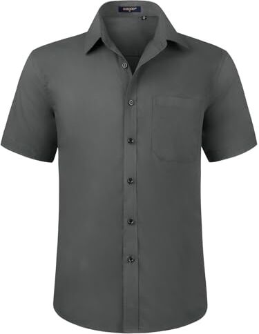 HISDERN Camicia Grigio da Uomo a Maniche Corte Camicia Elegante da Uomo vestibilità Regolare Camicia Estiva Solida con Tasca sul Petto,M