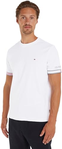 Tommy Hilfiger T-shirt Maniche Corte Uomo Flag Cuff Tee Scollo Rotondo, Bianco (White), S