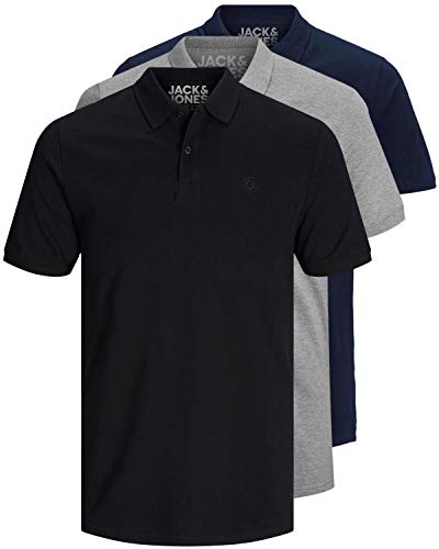 Jack & Jones Confezione da 3 polo da uomo slim fit, a maniche corte, colore nero, bianco, blu, grigio, taglie: XS, S, M, L, XL, XXL, L