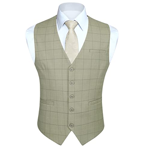 HISDERN Gilet Formale da Uomo Champagne in Cotone Panciotto Uomo Elegante Casual con Motivo Scozzese a Quadri Estivo XS