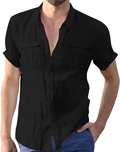 Generic Camicia da uomo a maniche corte estiva per il tempo libero, in cotone e lino, tinta unita, da lavoro, a maniche corte, Z02nero, XL