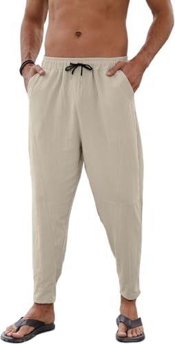 CheChury Pantaloni di Lino Uomo Pantaloni Casual Estivi Pantaloni Leggeri Pantaloni della Tuta Dritti Pantaloni da Spiaggia Pantaloni Elastico in Vita Pantalone Straight Cotone Pantaloni Sportivi Yoga