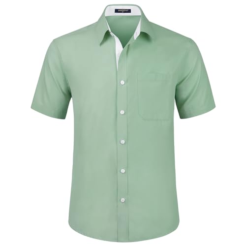 HISDERN Camicia da Uomo Camicia Verde Chiaro a Maniche Corte per Uomo Camicia Casual Estiva con Taschino sul Petto,3XL