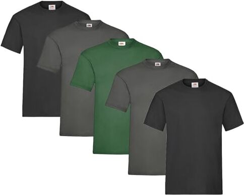 Fruit of the Loom Maglietta da uomo, confezione da 5 pezzi, in cotone pesante, M, L, XL, XXL, 3XL, diversi colori, 2 x nero + 2 x grafite + 1 x verde bottiglia + 1 blocco note Hl, M